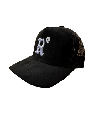Black Suede Trucker - white embroidered R wordmark with skull