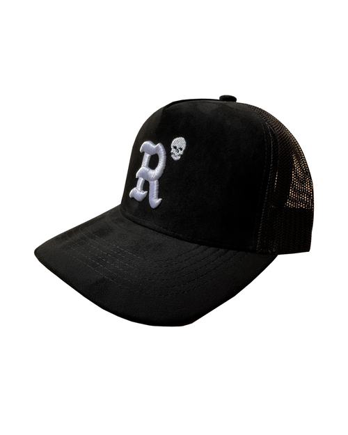 Black Suede Trucker - white embroidered R wordmark with skull