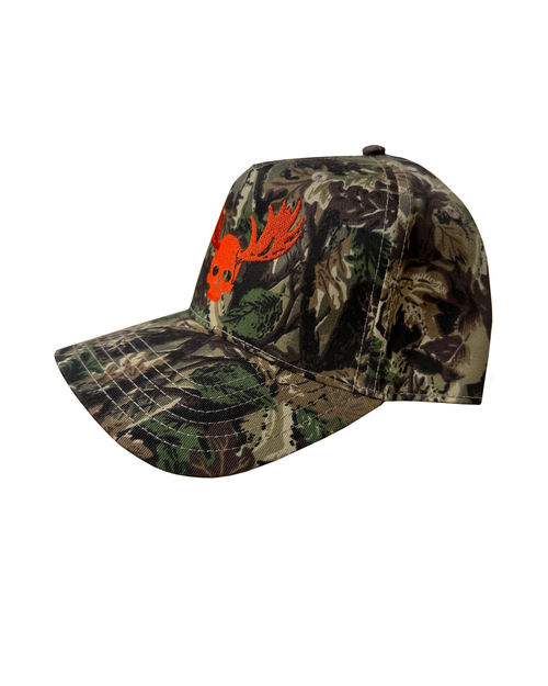 Hunting Club Cap - camo with red embroidered skull and antlers